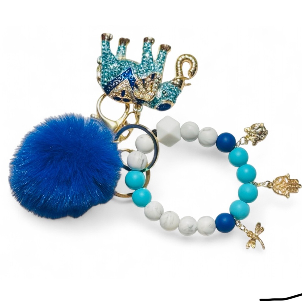 Elephant Amulet Womens Silicone Beaded Keychain with Pom Pom - Picture 6 of 6